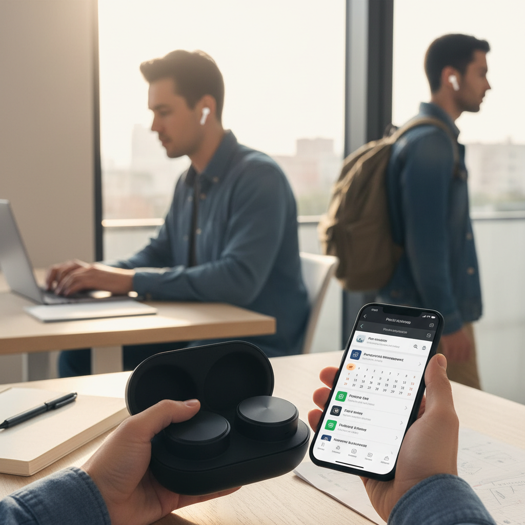 ワイヤレスイヤホン 仕事を見直して最初に効いたことをイメージした場面